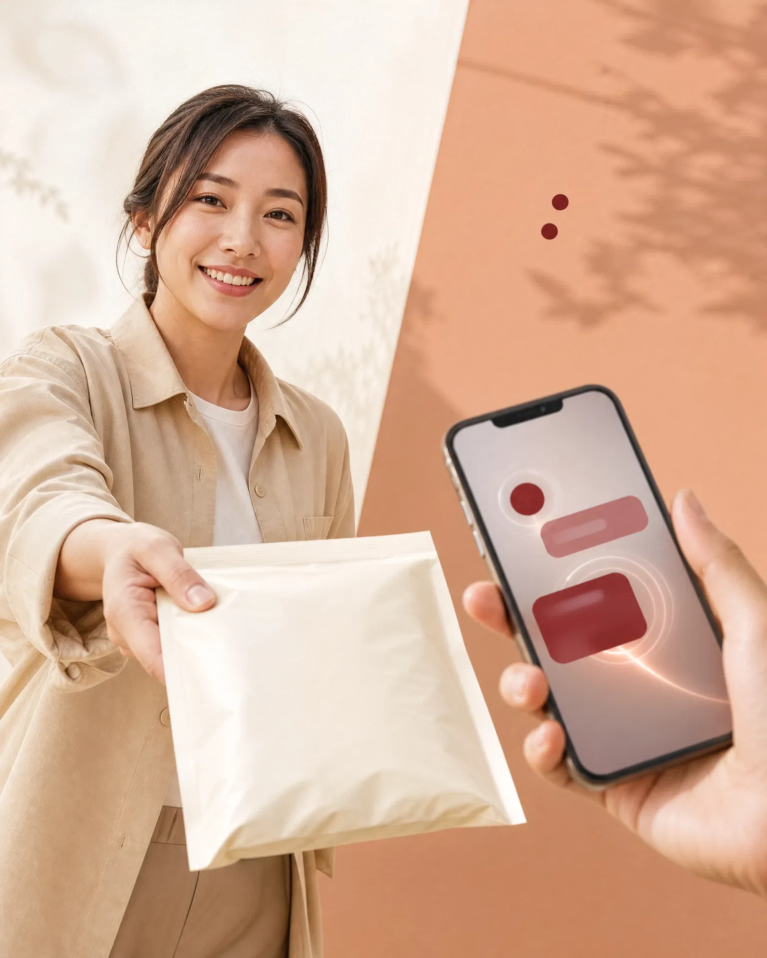 甜美女速遞員遞出包裹，搭配手機發貨通知的配送畫面