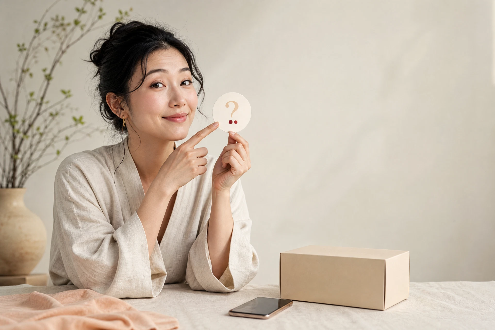 帶著好奇表情的女士準備查詢購買常見問題